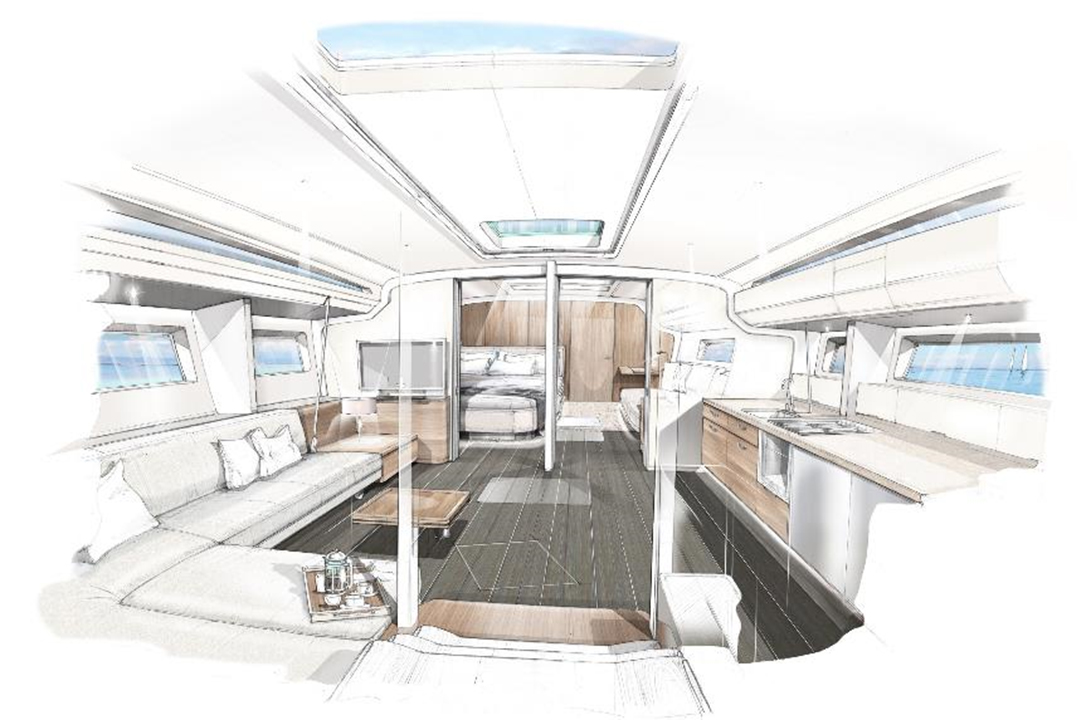 Artists impression of how the interior of the Jeanneau 55 would look like.